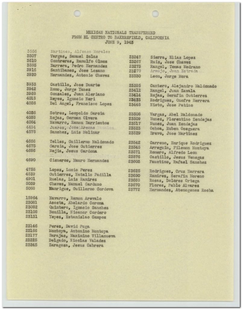 MEXICAN NATIONALS TRANSFERRED FROM EL CENTRO TO BAKERSFIELD, CALIFORNIA JUNE 9, 1943 3556 Martinez, Alfonso Morales 3507 Vargas, Samuel Solas 3610 Contreras, Ranulfo Olmos 3885 Barrera, Pedro Hernandez 3916 Santibanez, Jose Lozano 3920 Hernandez, Antonio Chavez 3933 Castillo, Jose Duarte 3942 Romo, Jorge Yanez 3968 Gonzalez, Juan Aleriano 4018 Royos, Ignacio Neri 4026 Del Angel, Francisco Lopes 4036 Sotres, Leonaldo Garcia 4038 Rojas, German Olvera 4084 Navarro, Ramon Barrientos 4494 Juarez, Jose Arenas 4578 Sanchez, Luis Molinar 4666 Tellez, Guillermo Maldonado 4675 Garcia, Jose Gutierrez 4686 Mejia, Jesus Cardona 4690 Cisneros, Mauro Hernandez 4755 Lopez, Lucio Perez 4839 Gutierrez, Natalio Padilla 4901 Ruelas, Luis Ramirez 5039 Chavez, Manuel Carduno 5088 Manrique, Guillermo Cordova 15964 Navarro, Ramon Arevalo 23081 Acosta, Abelardo Corona 23082 Quintero, Ignacio Sanchez 23108 Bonilla, Hicanor Cordero 23131 Yepez, Estanislao Campos 23146 Perez, David Puga 23166 Montoya, Antonino Montoya 23177 Barajas, Maximino Villanueva 23225 Delgado, Nicolas Valadez 23245 Zaragoza, Jesus Cabrera 23247 Sierra, Elias Lopez 23267 Ruiz, Jose Chavez 23273 Rangel, Tomas Medrano 23279 Araujo, Juan Estrada 23330 Leon, Jorge Mora 23385 Cantero, Alejandro Maldonado 23412 Rangel, Juan Zavala 23414 Rojas, Serafin Gutierrez 23423 Rodriguez, Onofre Herrera 23448 Nieto, Jose Patino 23508 Vargas, Abel Maldonado 23509 Nunez, Florentino Zendejas 23517 Nunez, Juan Zendejas 23523 Ochoa, Ruben Oceguera 23529 Bravo, Jose Martinez 23542 Carreno, Enrique Rodriguez 23545 Arreguin, Filemon Montoya 23571 Romero, Alfredo Leon 23576 Castillo, Jesus Venegas 23603 Faustino, Rafael Sanchez 23625 Rodriguez, Cruz Herrera 23650 Ramirez, Serafin Moreno 23668 Rosas, Dolores Ortega 23670 Flores, Pablo Alvarez 23772 Hernandez, Atenogenes Rocha Detailed Description / Context: This document records the movement of Mexican agricultural workers from El Centro in Imperial County to Bakersfield in Kern County during World War II. The structured listing of names and identification numbers suggests administrative tracking within a formal labor system, likely connected to the Farm Security Administration or early Bracero Program operations initiated in 1942. Such transfers were part of broader efforts to address labor shortages in U.S. agriculture caused by wartime mobilization. Mexican nationals were recruited and transported under government-supervised agreements to work in fields critical to food production. The document illustrates the scale and organization of migrant labor flows within California and highlights the reliance on Mexican labor in the state’s agricultural economy. These records are significant for understanding labor migration patterns, wartime economic policies, and the lived experiences of Mexican workers who contributed to agricultural production under contract labor systems.