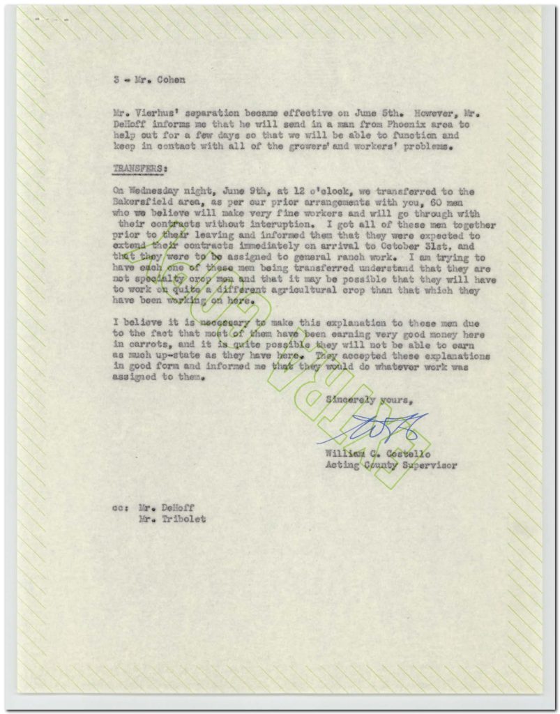 5 – Mr. Cohen Mr. Vierhus' separation became effective on June 5th. However, Mrs. DeHoff informs me that he will send in a man from Phoenix area to help out for a few days so that we will be able to function and keep in contact with all of the growers' and workers' problems. TRANSFERS: On Wednesday night, June 9th, at 12 o'clock, we transferred to the Bakersfield area, as per our prior arrangements with you, 60 men who we believe will make very fine workers and will go through with their contracts without interruption. I got all of these men together prior to their leaving and informed them that they were expected to extend their contracts immediately on arrival to October 31st, and that they were to be assigned to general ranch work. I am trying to have each one of these men being transferred understand that they are not specifically crop men and that it may be possible that they will have to work on quite a different agricultural crop than that which they have been working on here. I believe it is necessary to make this explanation to those men due to the fact that most of them have been earning very good money here in carrots, and it is quite possible they will not be able to earn as much up-state as they have here. They accepted these explanations in good form and informed me that they would do whatever work was assigned to them. Sincerely yours, [signature] William C. Costello Acting County Supervisor cc: Mr. DeHoff Mr. Tribolet Detailed Description / Context: This letter documents the organized transfer of agricultural laborers to the Bakersfield area, likely within a structured labor program such as the mid-20th-century Bracero Program or a similar agricultural labor arrangement. The reference to contract extensions, coordinated transfers, and centralized oversight suggests a system in which workers were managed collectively and assigned to different agricultural tasks based on regional labor demands. The mention of workers previously earning wages in carrot production and being reassigned to potentially different crops highlights the flexibility—and precarity—of agricultural labor during this period. Such documents reflect broader patterns of labor migration, employer control, and economic conditions in California’s agricultural sector. The involvement of a county supervisor and coordination with multiple individuals indicates formal administrative oversight of labor distribution. These practices were common in California agriculture, where seasonal labor demands required organized movement of workers across regions.
