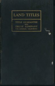 Title companies like the Title Guarantee and Trust Company played a central role in real estate transactions by maintaining records of property ownership and ensuring clear title for buyers and lenders. These records were essential for documenting legal claims, liens, and restrictions attached to land parcels.In California during the early 20th century, such title records often included racially restrictive covenants, easements, and other conditions that shaped patterns of land use and residential segregation. Title books served as both legal instruments and historical archives of property ownership, reflecting broader economic, legal, and social systems governing land. The physical format of the volume—bound and labeled for institutional use—indicates its function as an official repository of property information, likely used by legal professionals, lenders, and real estate agents.