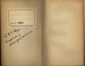 This page is part of a land title record volume used by title companies to document property ownership, transfers, liens, and restrictions. The Bakersfield Abstract Company, referenced in the inscription, likely used this volume in its business of compiling and certifying property histories for legal and financial transactions.Title books such as this were essential tools in early 20th-century real estate systems, particularly in California, where rapid development required reliable documentation of land ownership. These volumes often contained detailed records that could include deeds, easements, and restrictive covenants, including racially restrictive clauses common during this period. The handwritten inscription suggests the book may have been gifted or transferred to an individual associated with property or legal work, reflecting professional networks within the real estate and title industry. The printed note indicates production by a Los Angeles printing firm, emphasizing the standardized production of such record-keeping materials.
