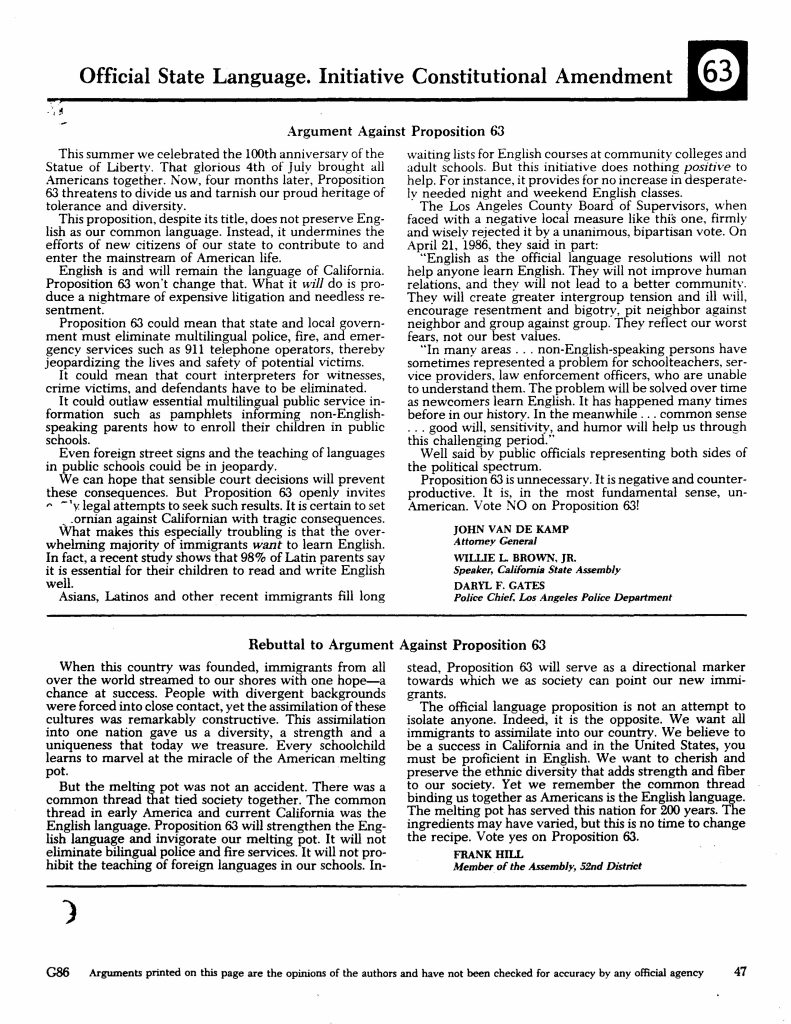 Official State Language. Initiative Constitutional Amendment63 Argument Against Proposition 63 This summer we celebrated the 100th anniversary of the Statue of Liberty. That glorious 4th of July brought all Americans together. Now, four months later, Proposition 63 threatens to divide us and tarnish our proud heritage of tolerance and diversity. This proposition, despite its title, does not preserve English as our common language. Instead, it undermines the efforts of new citizens of our state to contribute to and enter the mainstream of American life. English is and will remain the language of California. Proposition 63 won’t change that. What it will do is produce a nightmare of expensive litigation and needless resentment. Proposition 63 could mean that state and local government must eliminate multilingual police, fire, and emergency services such as 911 telephone operators, thereby jeopardizing the lives and safety of potential victims. It could mean that court interpreters for witnesses, crime victims, and defendants have to be eliminated. It could outlaw essential multilingual public service information such as pamphlets informing non-English-speaking parents how to enroll their children in public schools. Even foreign street signs and the teaching of languages in public schools could be in jeopardy. We can hope that sensible court decisions will prevent these consequences. But Proposition 63 openly invites costly legal attempts to seek such results. It is certain to set a collision against Californians with tragic consequences. What makes this especially troubling is that the overwhelming majority of immigrants want to learn English. In fact, a recent study shows that 98% of Latin parents say it is essential for their children to read and write English well. Asians, Latinos and other recent immigrants fill long waiting lists for English courses at community colleges and adult schools. But this initiative does nothing positive to help. For instance, it provides for no increase in desperately needed night and weekend English classes. The Los Angeles County Board of Supervisors, when faced with a negative local measure like this one, firmly and wisely rejected it by a unanimous, bipartisan vote. On April 21, 1986, they said in part: “English as the official language resolutions will not help anyone learn English. They will not improve human relations, and they will not lead to a better community. They will create greater intergroup tension and will encourage resentment and bigotry, pit neighbor against neighbor and group against group. They reflect our worst fears, not our best values. “In many areas . . . non-English-speaking persons have sometimes represented a problem for schoolteachers, service providers, law enforcement officers, who are unable to understand them. The problem will be solved over time as newcomers learn English. It has happened many times before in our history. In the meanwhile . . . common sense . . . good will, sensitivity, and humor will help us through this challenging period.” Well said by public officials representing both sides of the political spectrum. Proposition 63 is unnecessary. It is negative and counterproductive. It is, in the most fundamental sense, un-American. Vote NO on Proposition 63! JOHN VAN DE KAMP Attorney General WILLIE L. BROWN, JR. Speaker, California State Assembly DARYL F. GATES Police Chief, Los Angeles Police Department Rebuttal to Argument Against Proposition 63 When this country was founded, immigrants from all over the world streamed to our shores with one hope—a chance at success. People with divergent backgrounds were forced into close contact, yet the assimilation of these cultures was remarkably constructive. This assimilation into one nation gave us a diversity, a strength and a uniqueness that today we treasure. Every schoolchild learns to marvel at the miracle of the American melting pot. But the melting pot was not an accident. There was a common thread that tied society together. The common thread in early America and current California was the English language. Proposition 63 will strengthen the English language and invigorate our melting pot. It will not eliminate bilingual police and fire services. It will not prohibit the teaching of foreign languages in our schools. Instead, Proposition 63 will serve as a directional marker towards which we as society can point our new immigrants. The official language proposition is not an attempt to isolate anyone. Indeed, it is the opposite. We want all immigrants to assimilate into our country. We believe that to be a success in California and in the United States, you must be proficient in English. We want to cherish and preserve the ethnic diversity that adds strength and fiber to our society. Yet we remember the common thread binding us together as Americans is the English language. The melting pot has served this nation for 200 years. The ingredients may have varied, but this is no time to change the recipe. Vote yes on Proposition 63. FRANK HILL Member of the Assembly, 52nd District G86 Arguments printed on this page are the opinions of the authors and have not been checked for accuracy by any official agency 47 Detailed Description / Context: This ballot pamphlet page captures the structured debate over Proposition 63 in 1986, when California voters considered amending the state constitution to declare English the official language. Opponents argued that the measure could restrict multilingual public services, increase litigation, and undermine access to emergency services, courts, and public education for non-English-speaking residents. They emphasized assimilation through education rather than constitutional mandate and cited concerns about social division and discrimination. Supporters, in rebuttal, framed the amendment as reinforcing assimilation and national unity, asserting that it would not eliminate essential bilingual services or foreign language instruction. The debate reflects broader 1980s national discussions about immigration, bilingual education, and the “Official English” movement. The measure raised potential constitutional and administrative implications for state and local governance, particularly regarding compliance with federal civil rights law, including Voting Rights Act requirements for language assistance in elections.